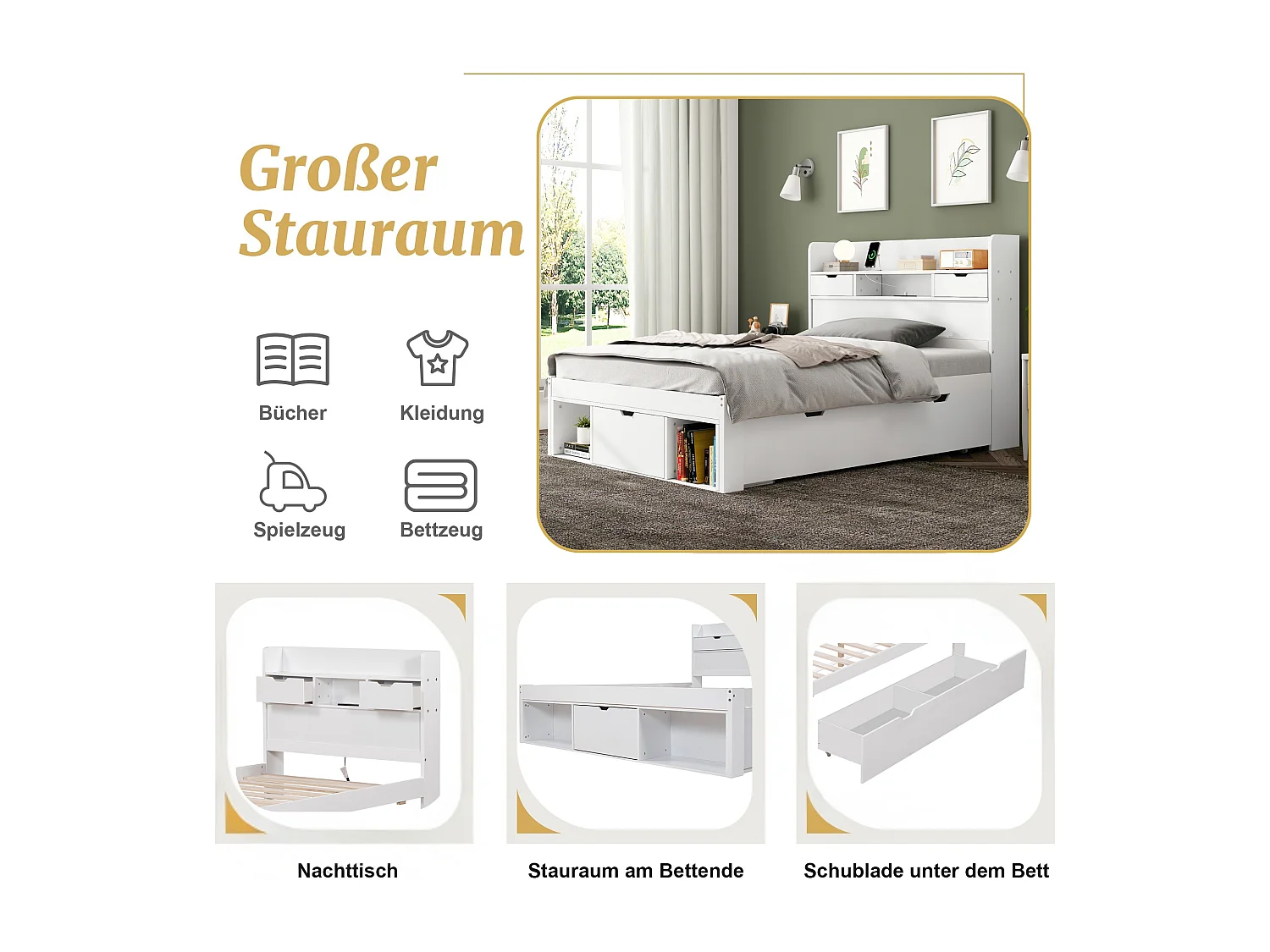 Cama 90 x 200 cm com 5 gavetas, porta USB e compartimentos de armazenamento - madeira de pinho - cor branca