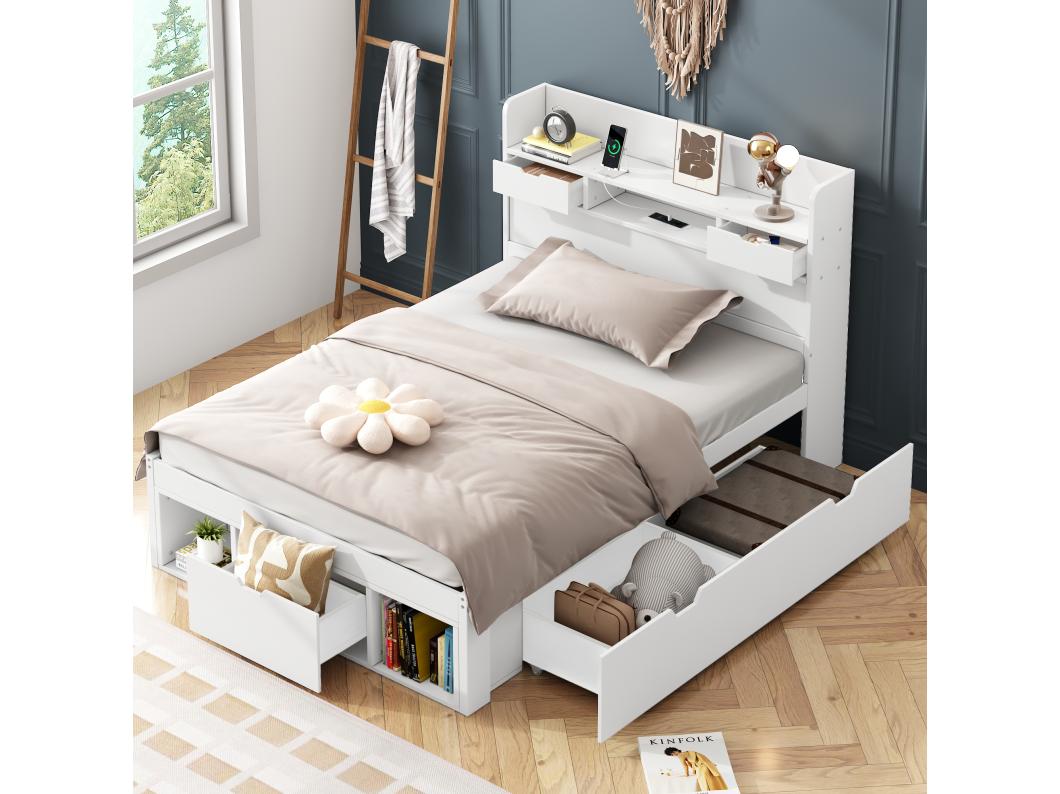 Cama de 90 x 200 cm con 5 cajones, puerto USB y compartimentos de almacenamiento - madera de pino - color blanco