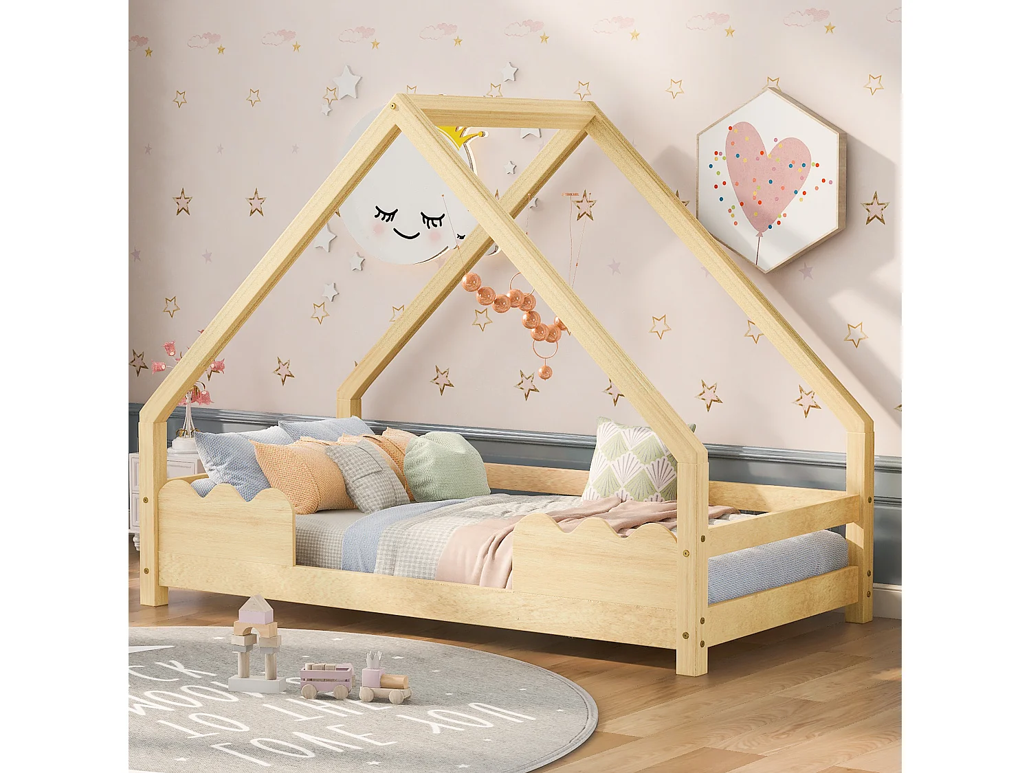 Letto cabina 90 x 200 cm con protezione, lettino baby - legno massello - rete a doghe inclusa - colore naturale
