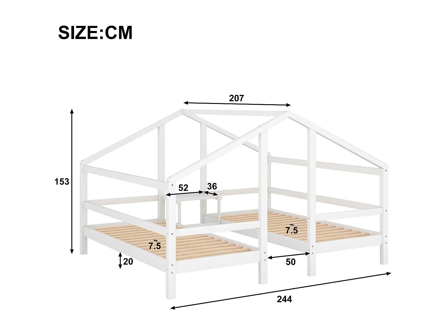 Cabinebed 2 x 90 x 200 cm met nachtkastje - grenenhout - inclusief lattenbodem - kleur wit