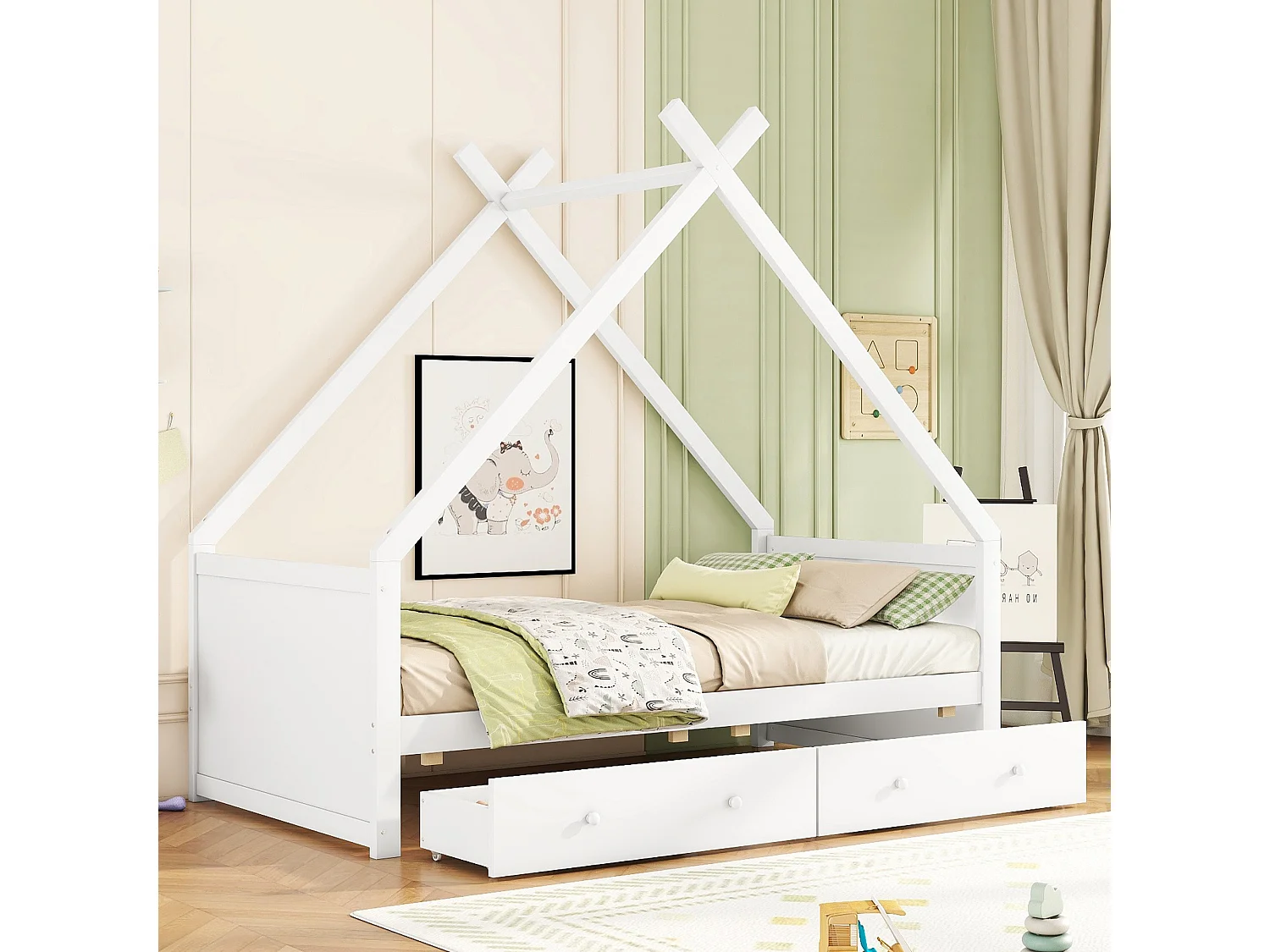 Cama cabine 90 x 200 cm com 2 gavetas, cama bebé - madeira de pinho - base de ripas - cor branca