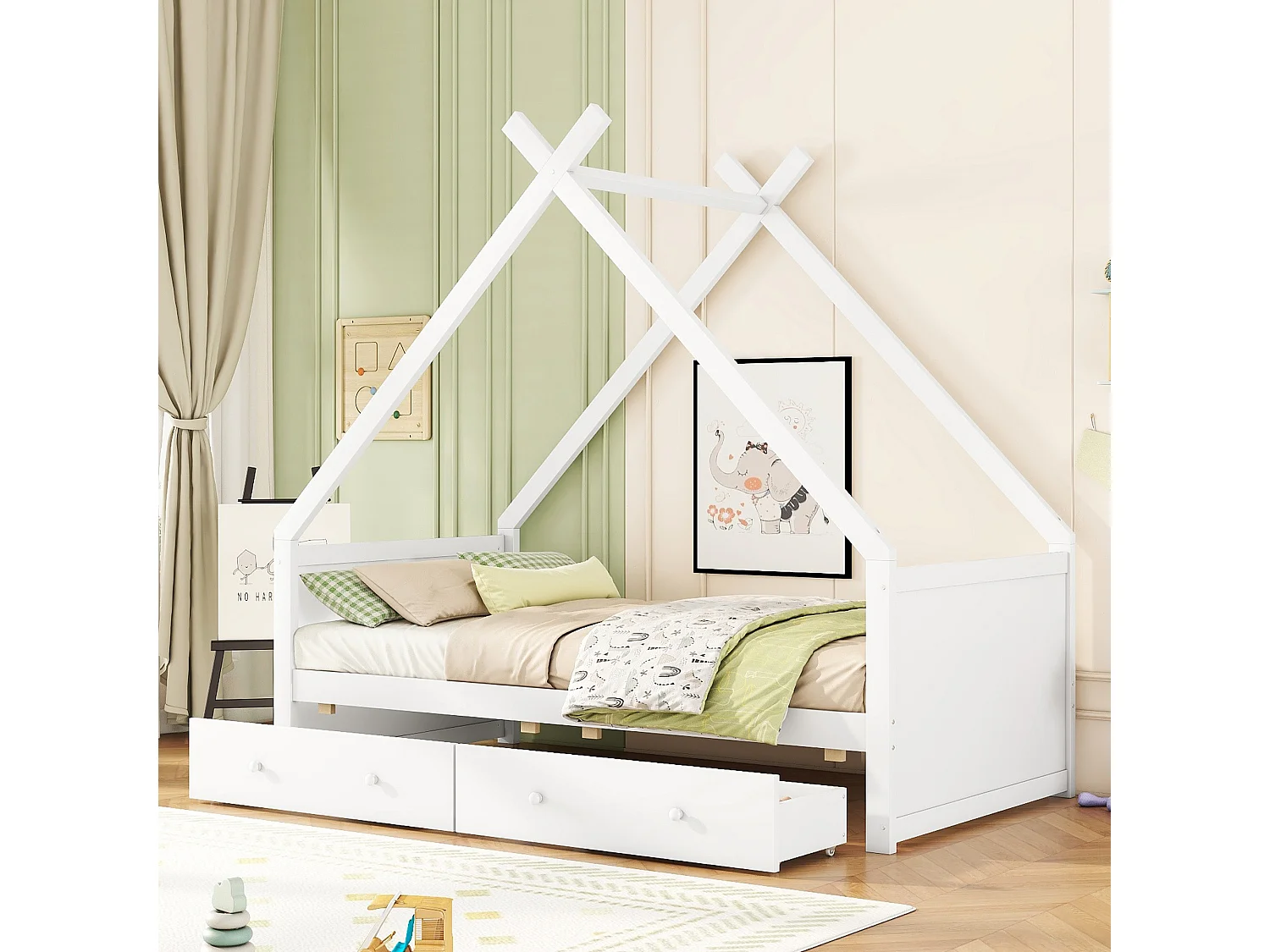 Cama cabine 90 x 200 cm com 2 gavetas, cama bebé - madeira de pinho - base de ripas - cor branca