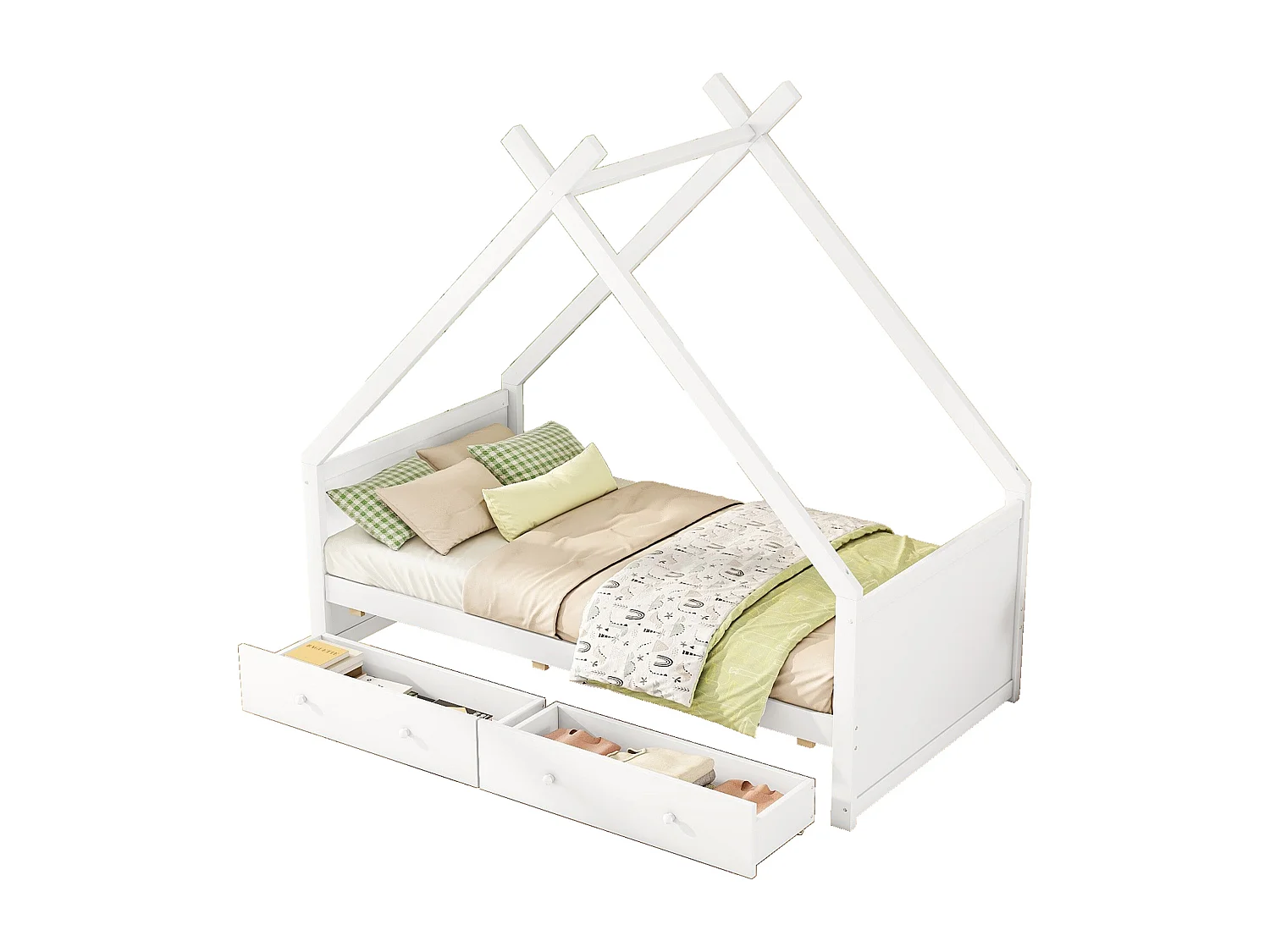 Cama cabine 90 x 200 cm com 2 gavetas, cama bebé - madeira de pinho - base de ripas - cor branca