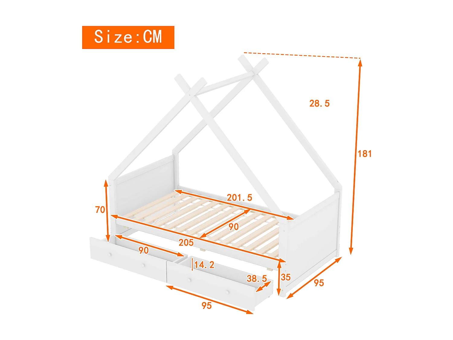 Cama cabine 90 x 200 cm com 2 gavetas, cama bebé - madeira de pinho - base de ripas - cor branca