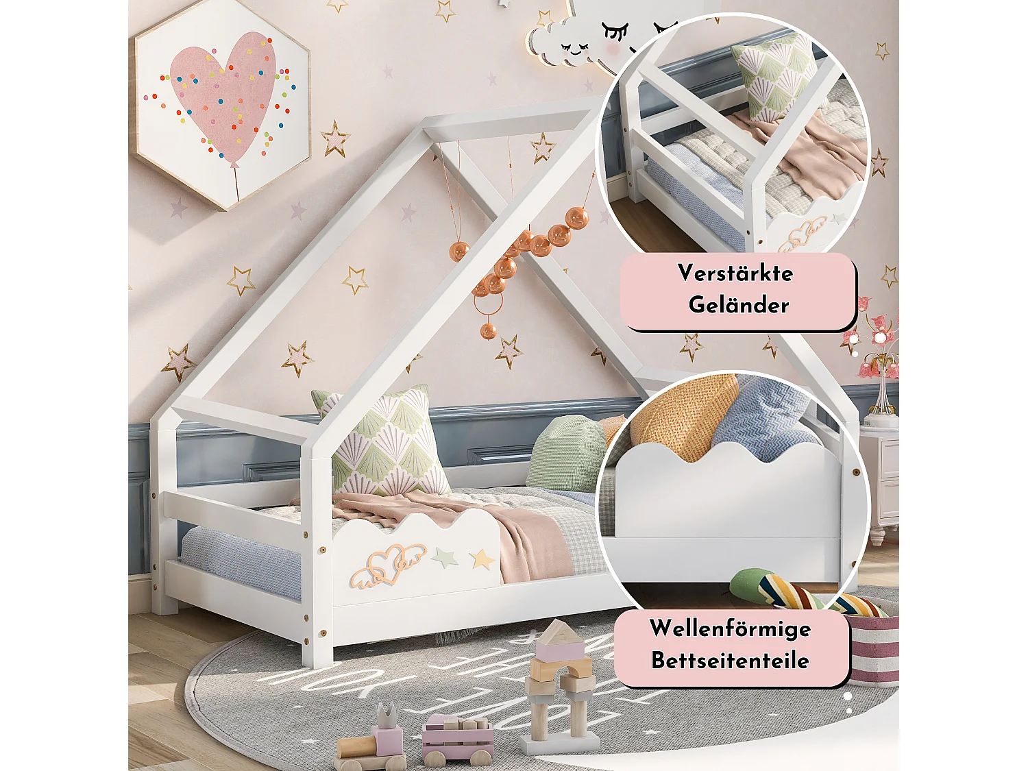 Cama cabina 90x200 cm con protección, cuna bebé - madera maciza - somier incluido - color blanco