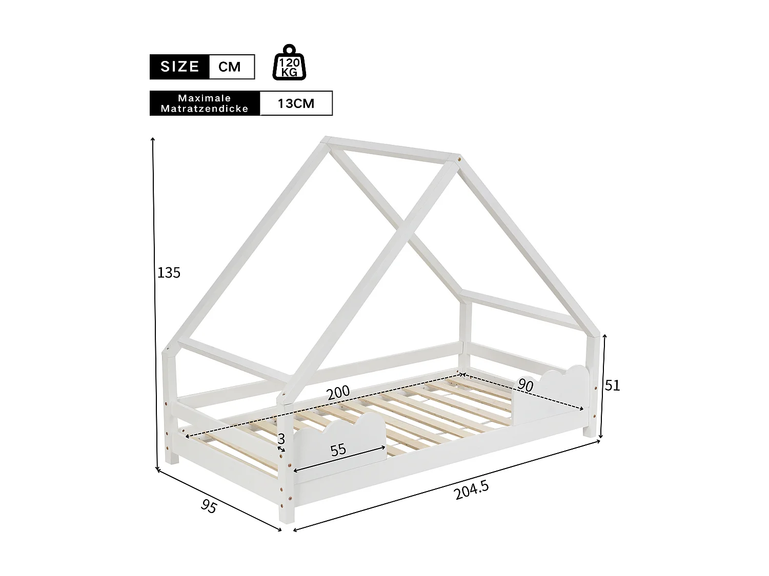 Cama cabina 90x200 cm con protección, cuna bebé - madera maciza - somier incluido - color blanco