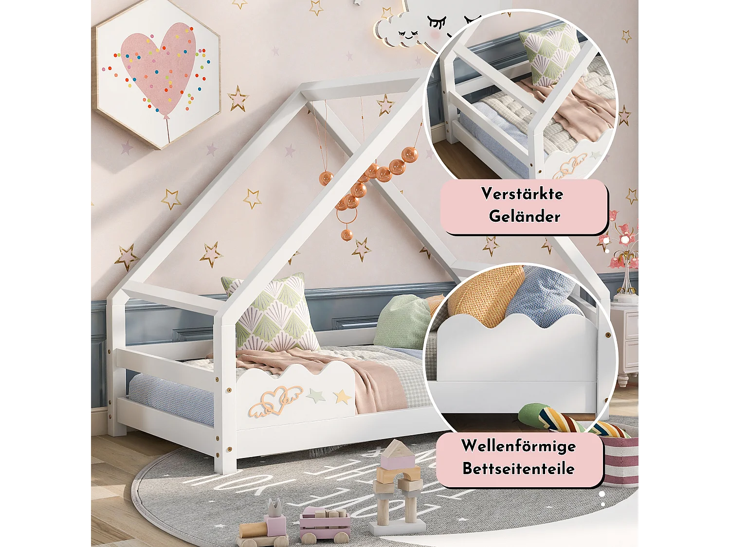 Lit cabane 90 x 200 cm avec protection, lit bébé - bois massif - sommier à lattes inclus - coloris blanc