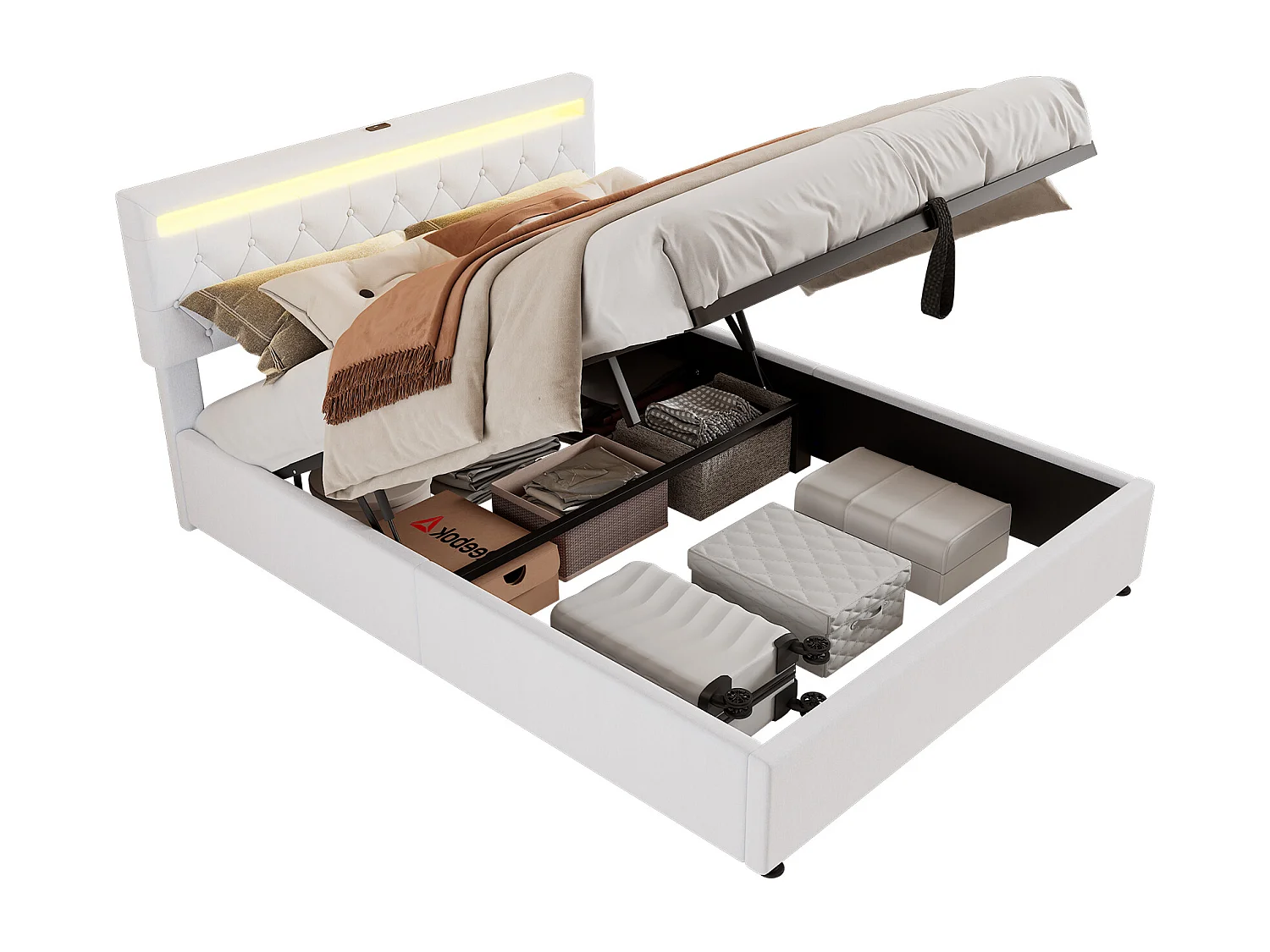 Lit coffre 160 x 200 cm avec prises USB, Type-C - LEDs - Tissu en lin - Coloris blanc