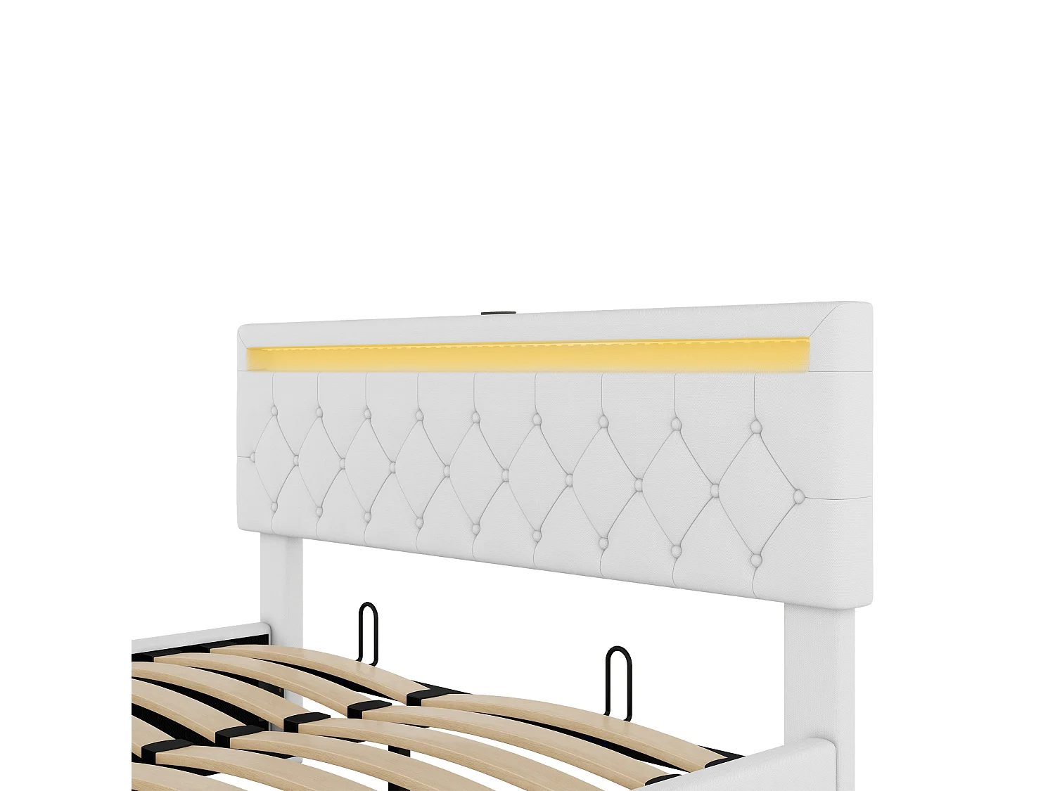 Lit coffre 160 x 200 cm avec prises USB, Type-C - LEDs - Tissu en lin - Coloris blanc