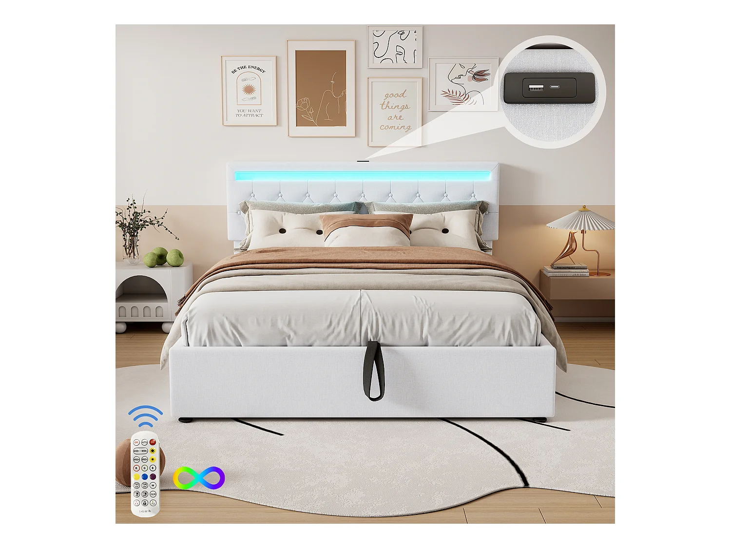 Opbergbed 160 x 200 cm met USB, Type-C stopcontacten - LED's - Linnen stof - Kleur wit