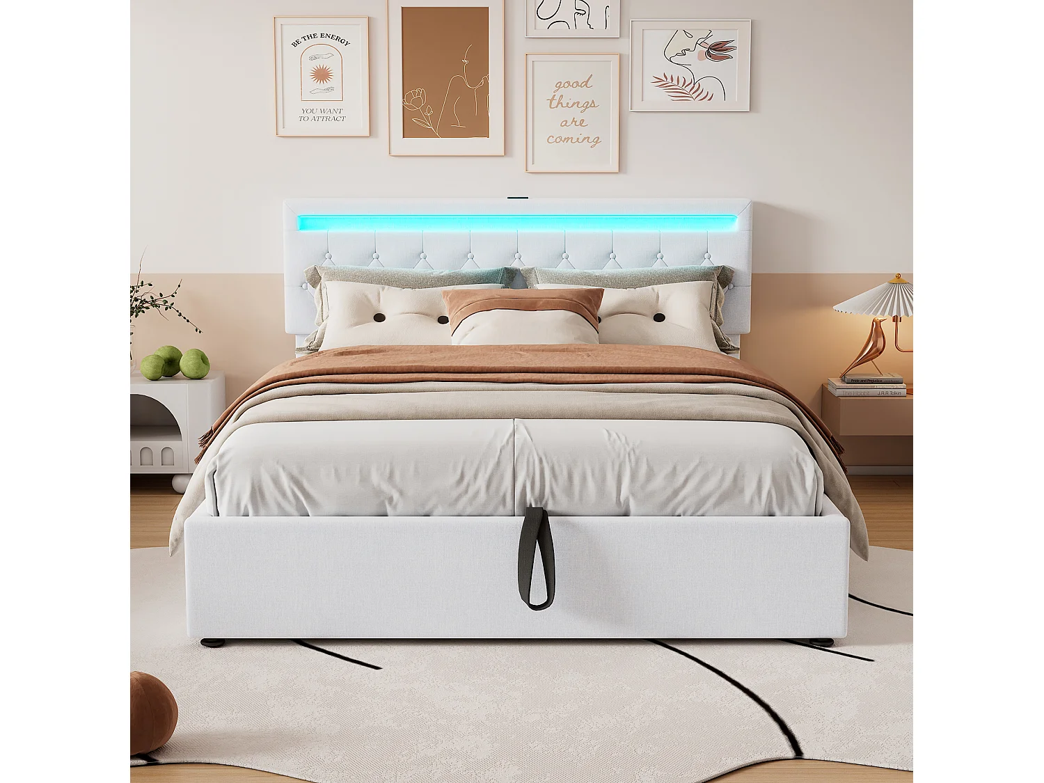 Lit coffre 160 x 200 cm avec prises USB, Type-C - LEDs - Tissu en lin - Coloris blanc