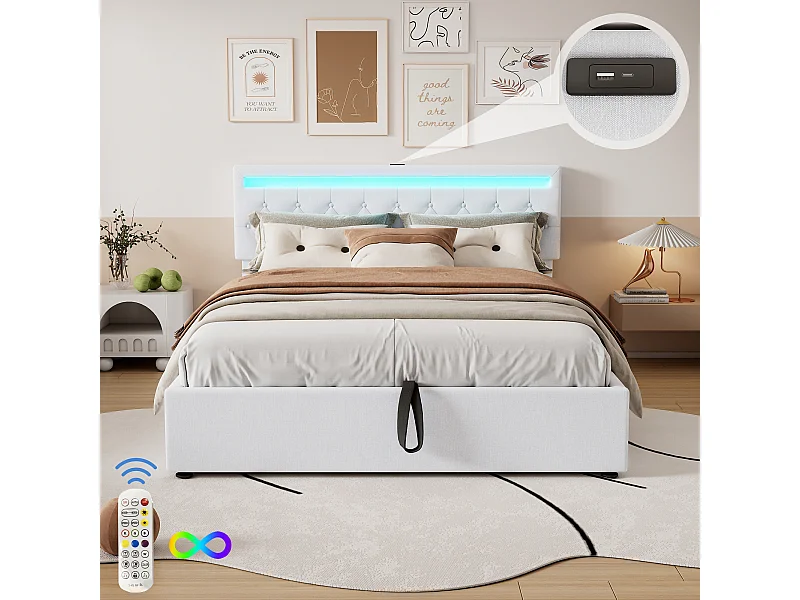 Lit coffre 160 x 200 cm avec prises USB, Type-C - LEDs - Tissu en lin - Coloris blanc