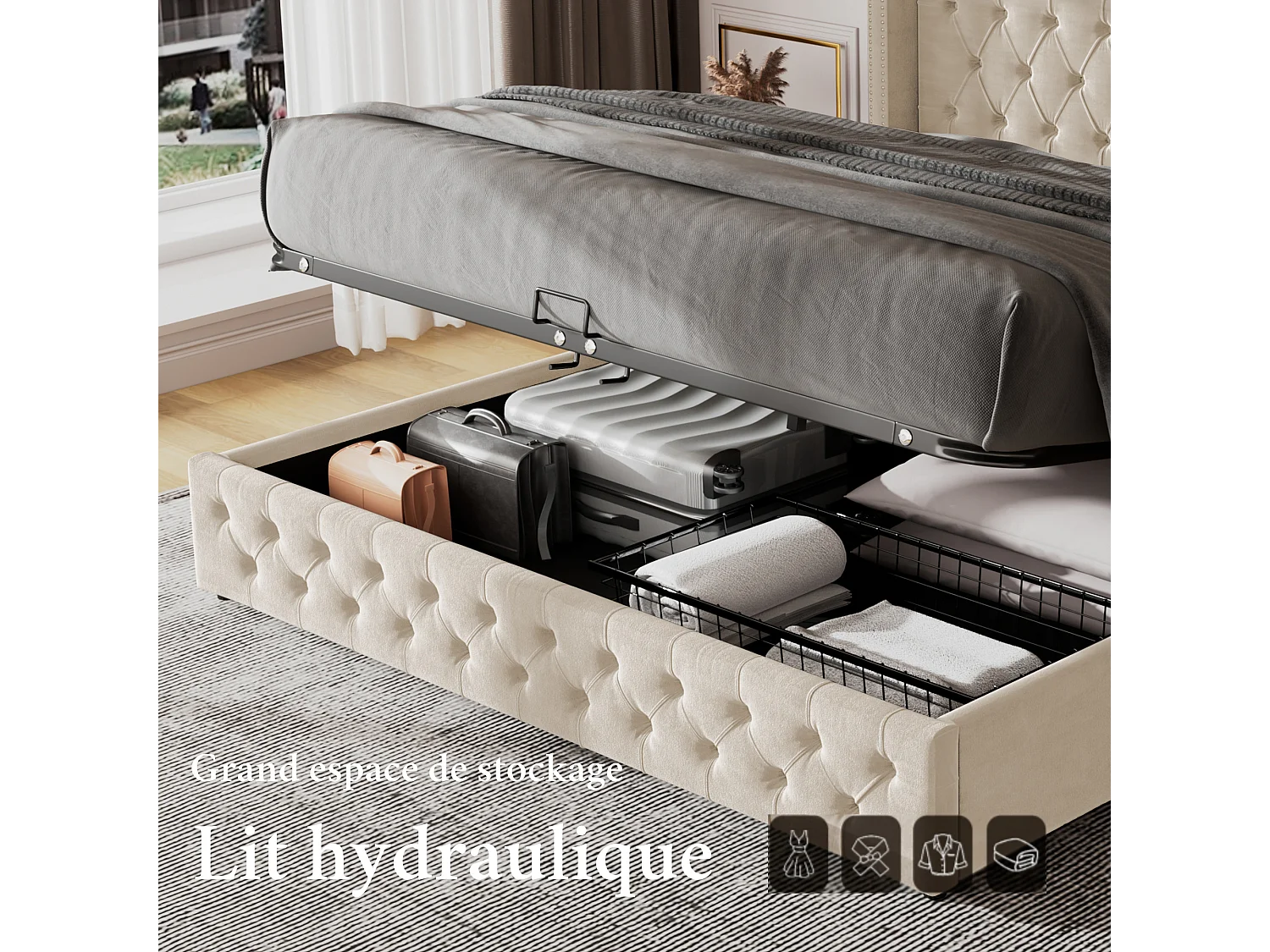 Opbergbed 140 x 190 cm - fluweel - decoratie met knopen en klinknagels - beige kleur