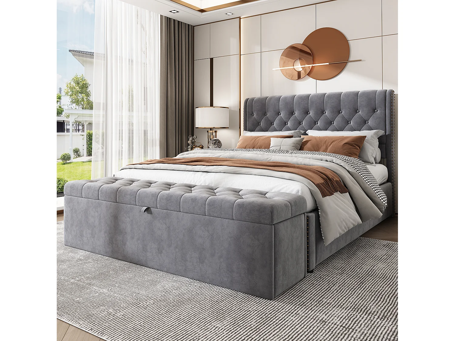 Lit coffre 140 x 200 cm avec banquette de coffre - velours - décor avec boutons - coloris gris