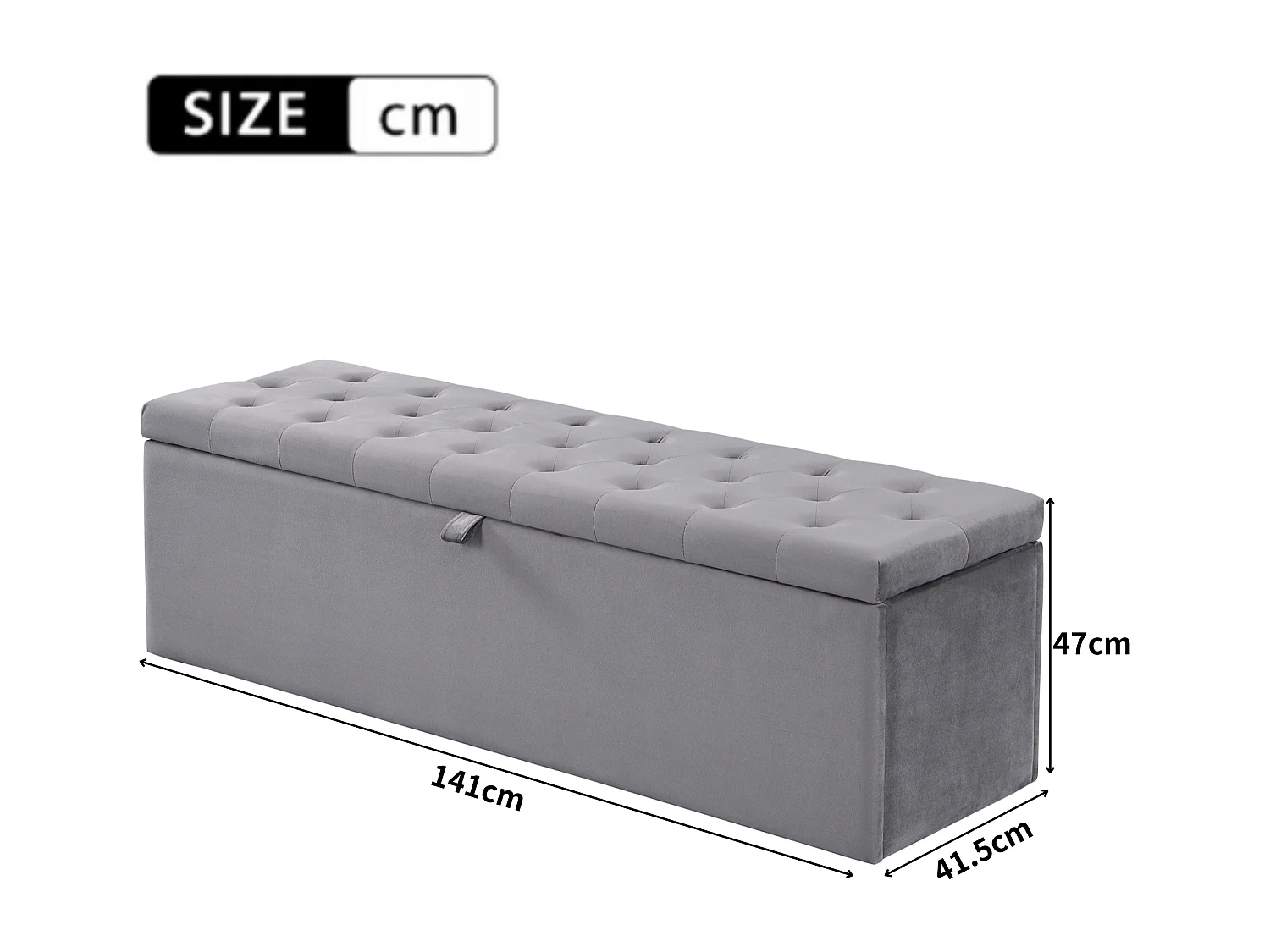 Lit coffre 140 x 200 cm avec banquette de coffre - velours - décor avec boutons - coloris gris