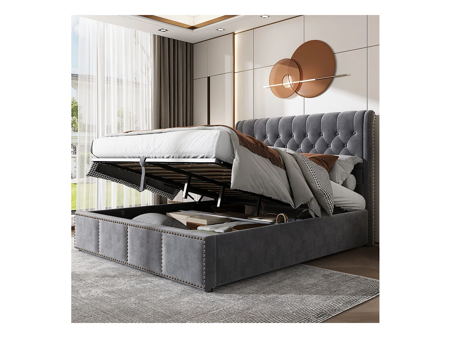 Lit coffre 160 x 200 cm avec tête de lit - velours - décor avec boutons - coloris gris