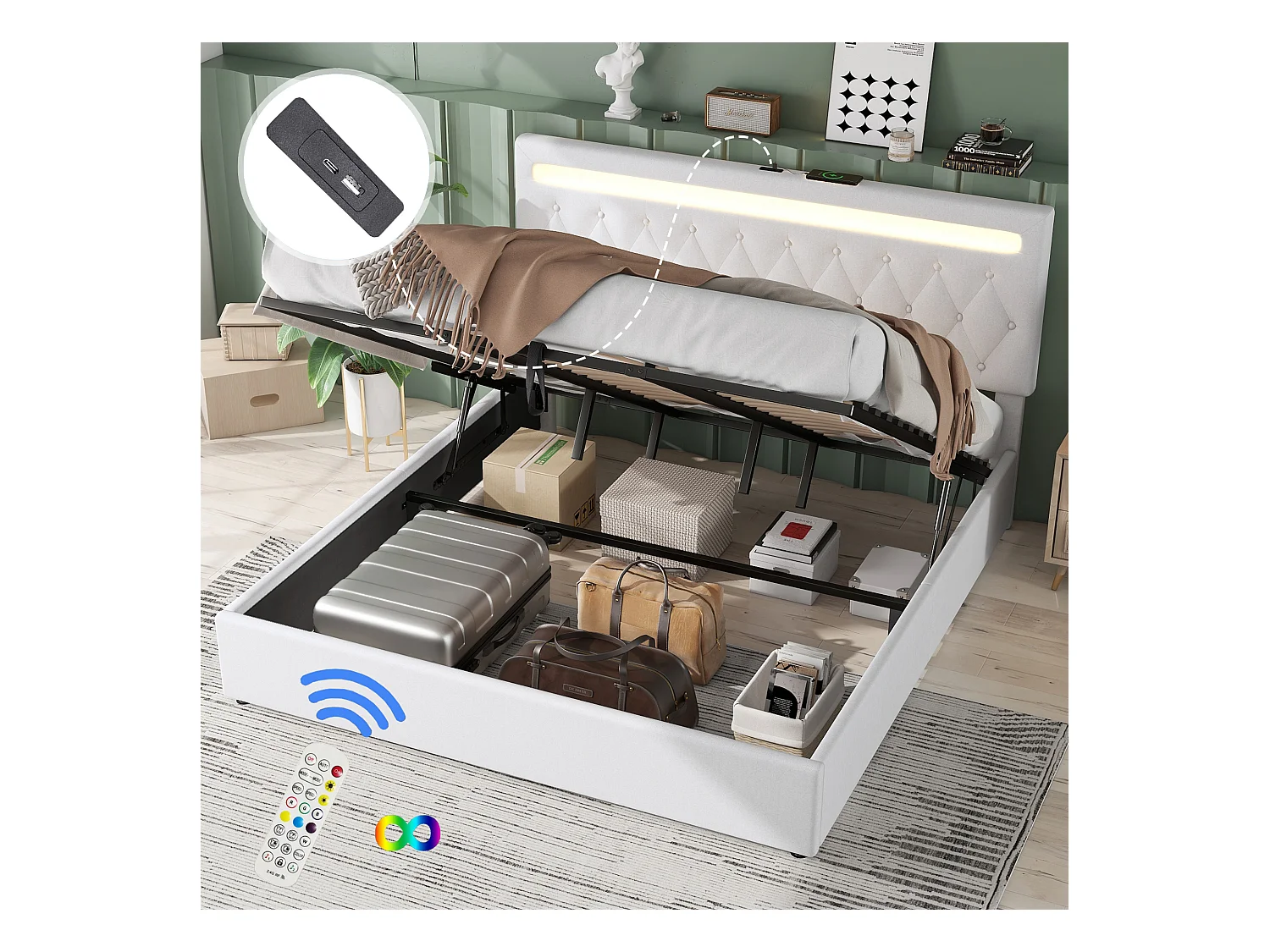 Lit coffre 180 x 200 cm avec tête de lit - prise USB et LEDs - Tissu en lin - coloris blanc