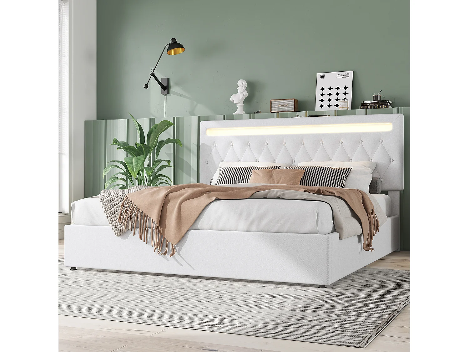 Opbergbed 180 x 200 cm met hoofdeinde - USB-aansluiting en LED's - Linnenstof - witte kleur