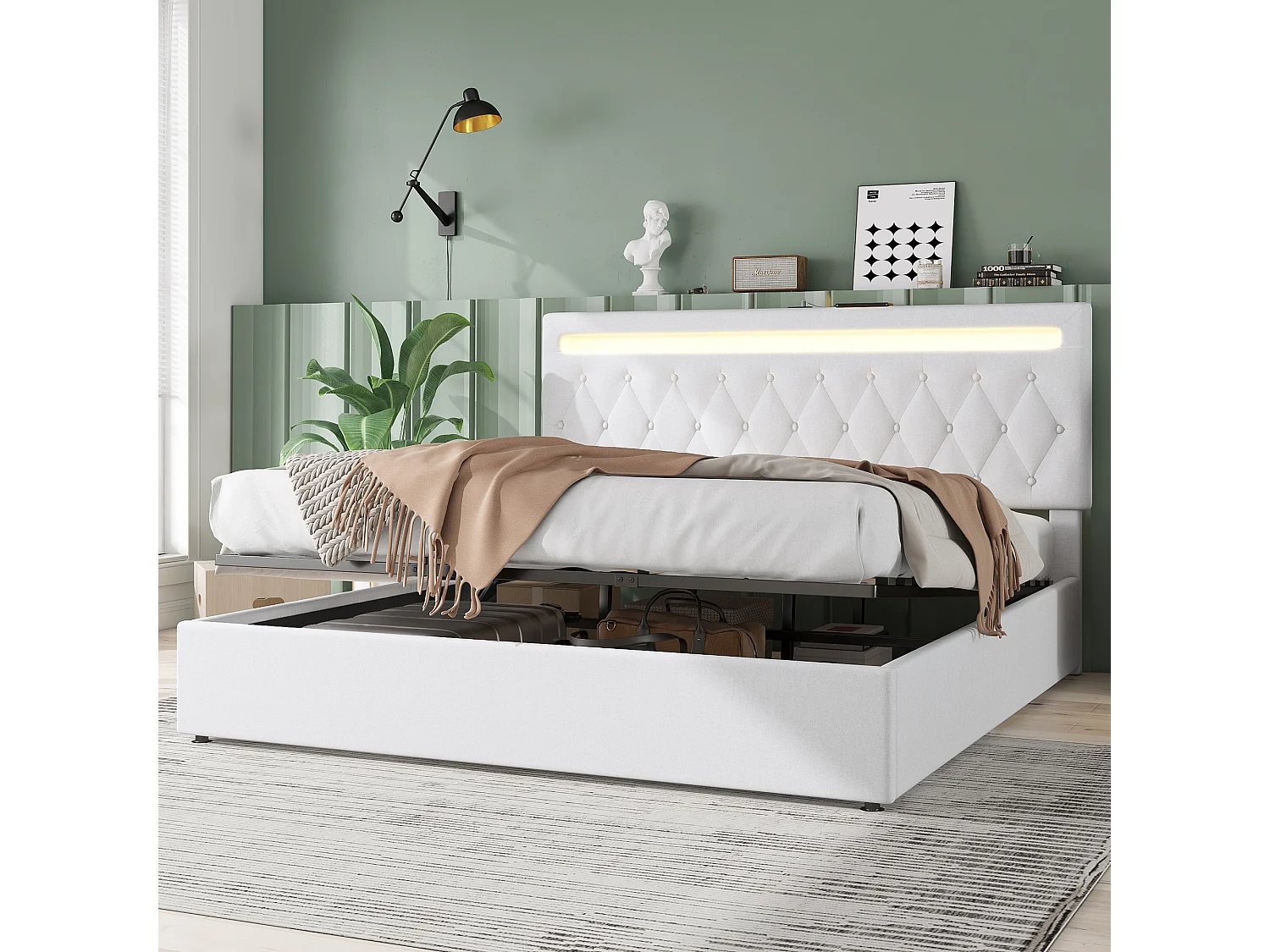 Letto contenitore 180 x 200 cm con testiera - Porta USB e LED - Tessuto lino - Bianco