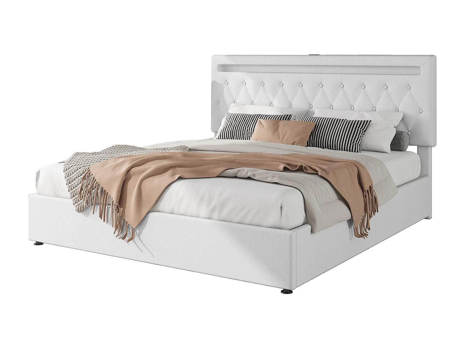 Letto contenitore 180 x 200 cm con testiera - Porta USB e LED - Tessuto lino - Bianco