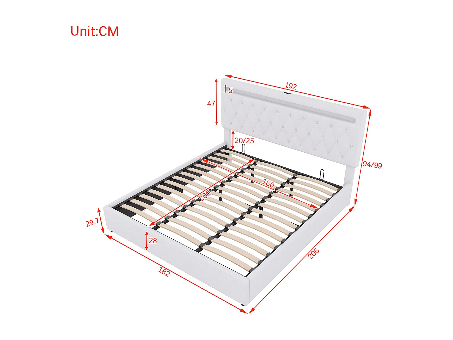 Letto contenitore 180 x 200 cm con testiera - Porta USB e LED - Tessuto lino - Bianco