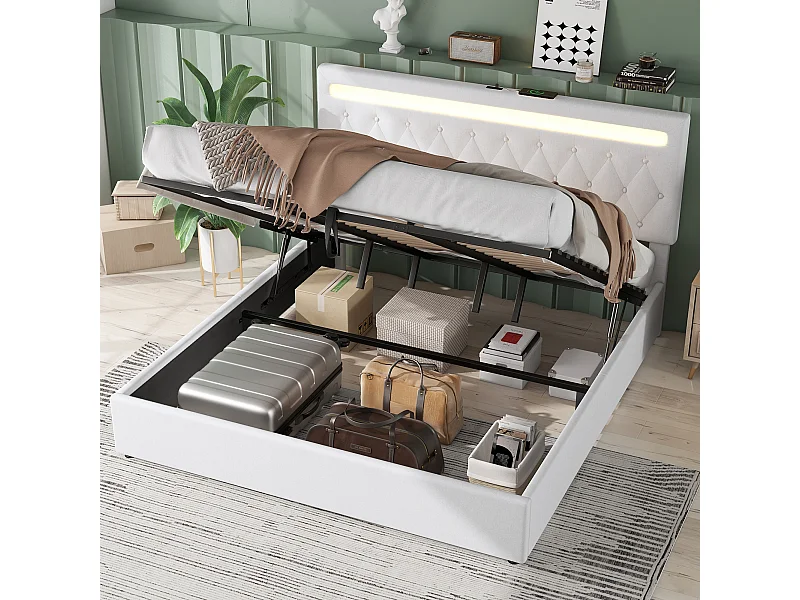 Cama com arrumação, cabeceira, 180 x 200 cm - Porta USB e LEDs - Tecido de linho - Branca