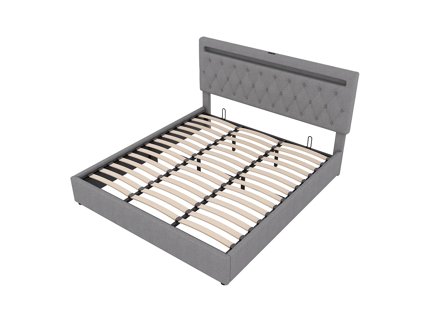 Lit coffre 180 x 200 cm avec tête de lit - prise USB et LEDs - Tissu en lin - coloris gris