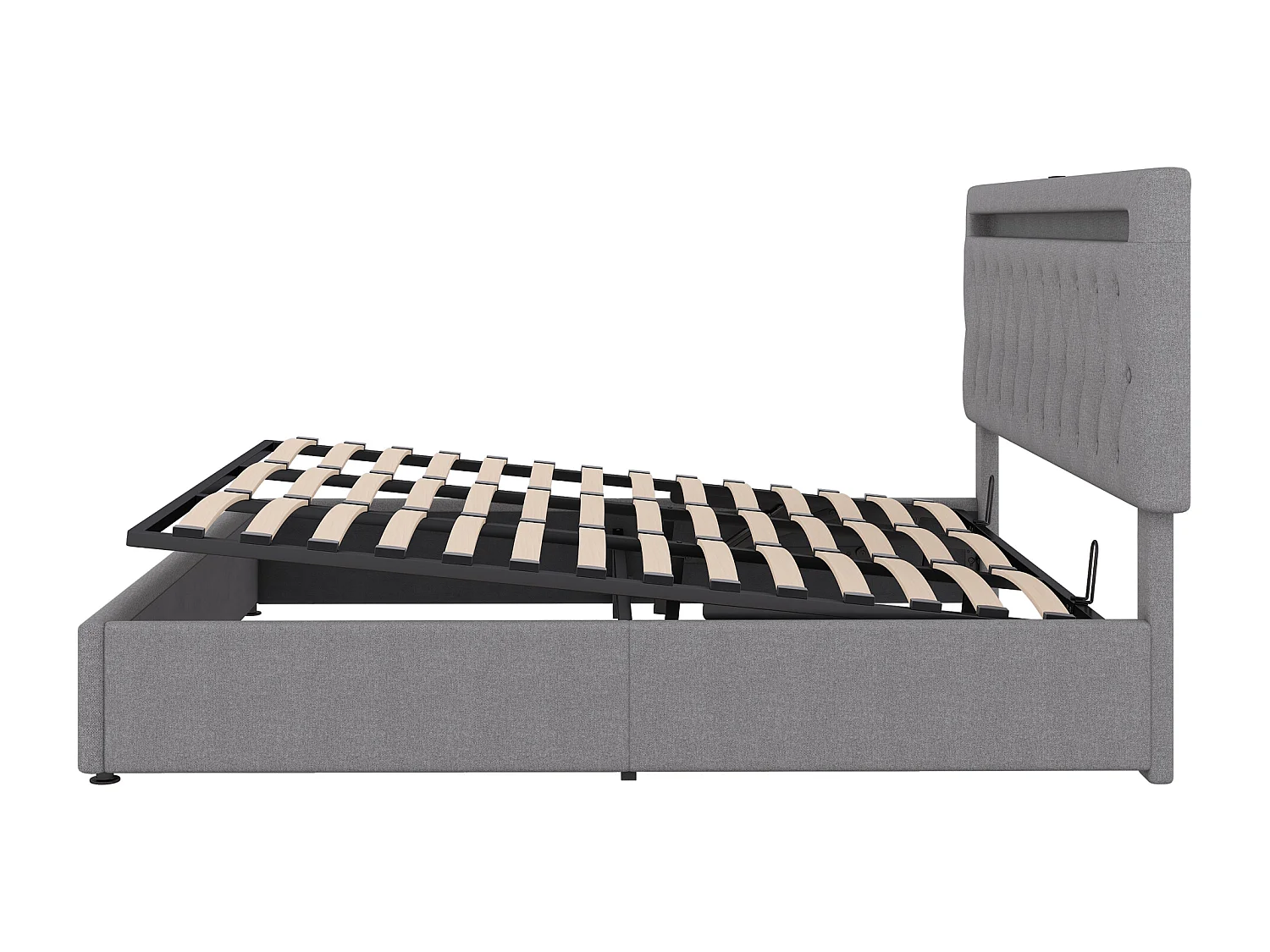 Letto contenitore 180 x 200 cm con testiera - Presa USB e led - Tessuto lino - colore grigio