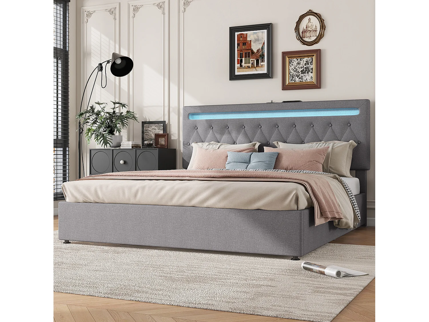 Cama contenedor 180 x 200 cm con cabecero - Toma USB y LED - Tela de lino - color gris
