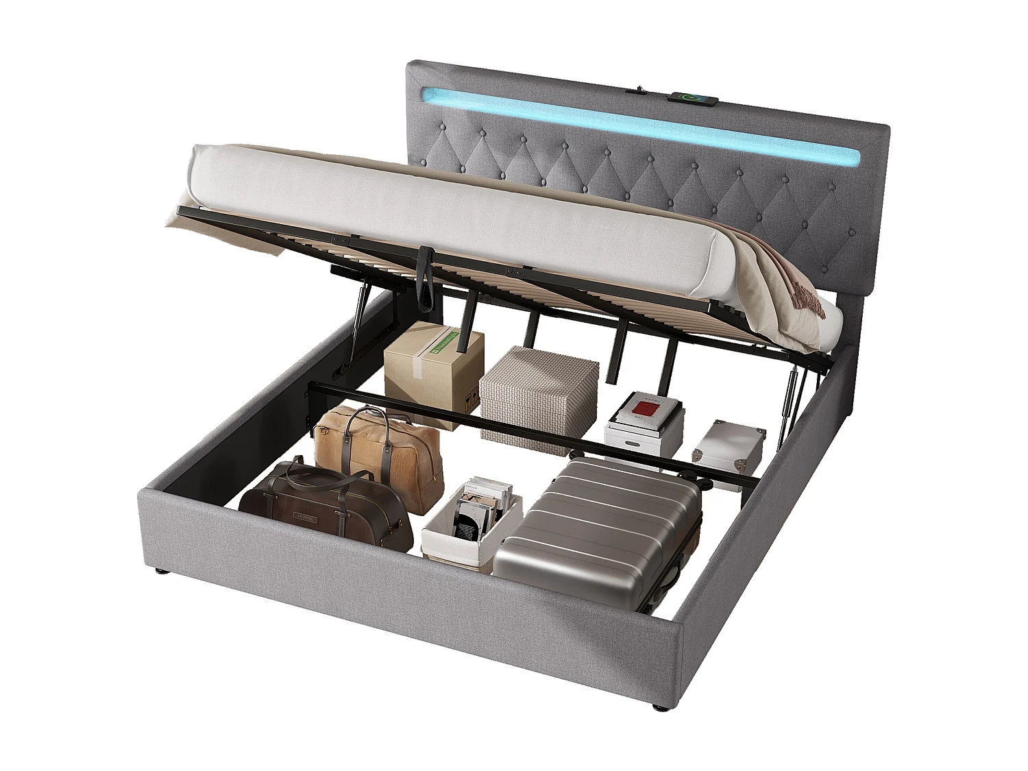 Cama contenedor 180 x 200 cm con cabecero - Toma USB y LED - Tela de lino - color gris