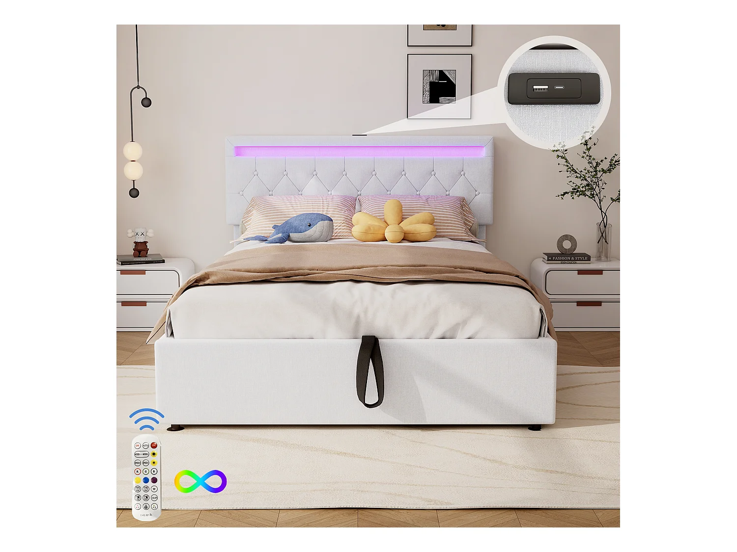 Opbergbed 140 x 200 cm met USB, Type-C stopcontacten - LED's - Linnen stof - Kleur wit