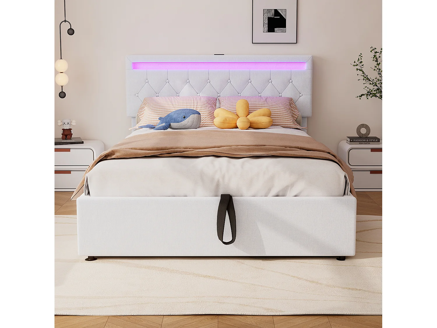 Lit coffre 140 x 200 cm avec prises USB, Type-C - LEDs - Tissu en lin - Coloris blanc