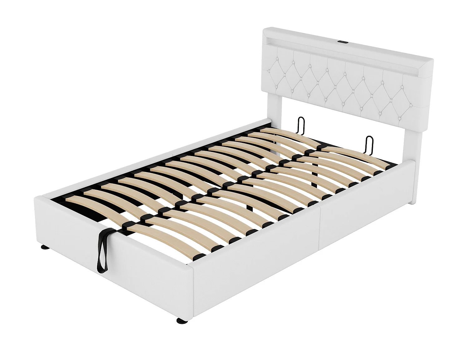 Lit coffre 140 x 200 cm avec prises USB, Type-C - LEDs - Tissu en lin - Coloris blanc