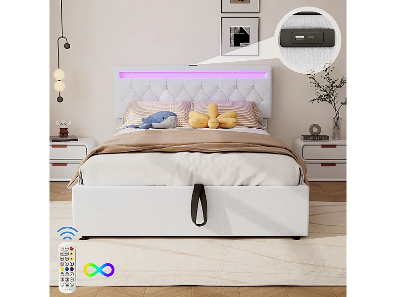 Lit coffre 140 x 200 cm avec prises USB, Type-C - LEDs - Tissu en lin - Coloris blanc