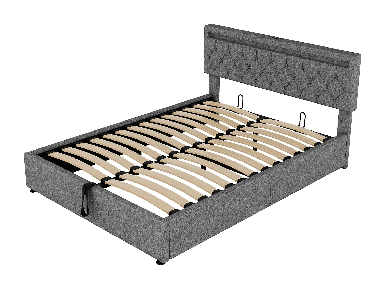 Letto contenitore 160 x 200 cm con prese USB, Type-C - LED - Tessuto di lino - Colore grigio