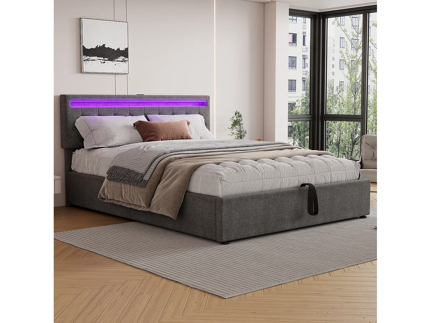Lit coffre 160 x 200 cm avec prises USB, Type-C - LEDs - Tissu en lin - Coloris gris