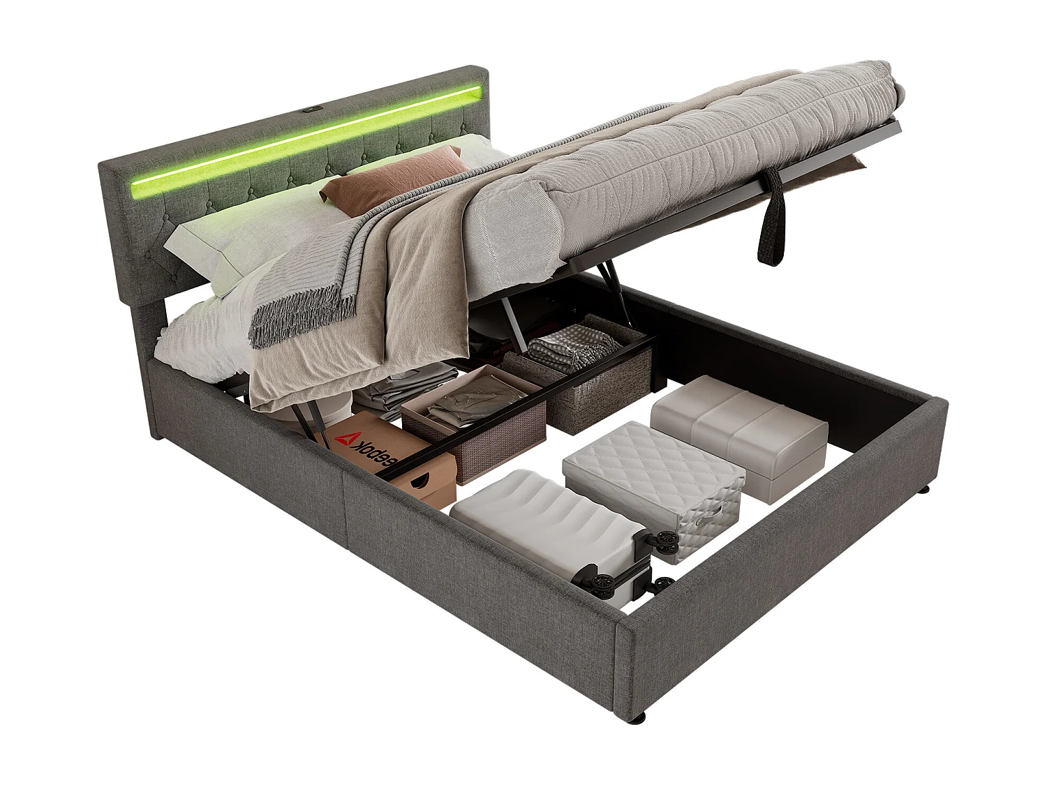 Lit coffre 160 x 200 cm avec prises USB, Type-C - LEDs - Tissu en lin - Coloris gris