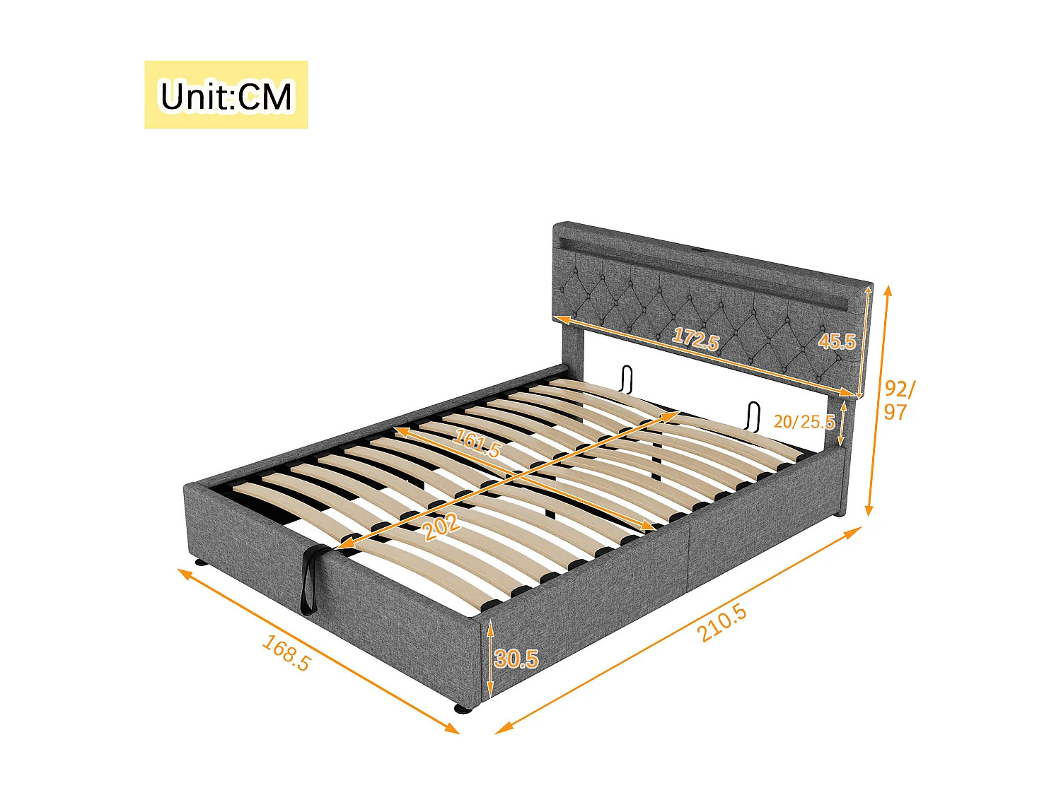 Łóżko z pojemnikiem 160 x 200 cm z portami USB i Type-C - Diody LED - Tkanina lniana - Szary