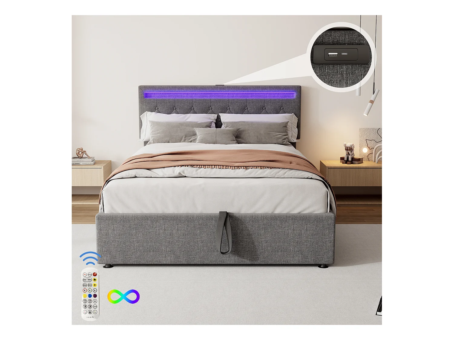 Opbergbed 140 x 200 cm met USB, Type-C stopcontacten - LED's - Linnen stof - Grijze kleur