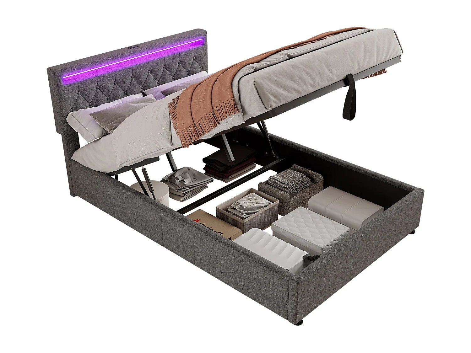 Cama com arrumação de 140 x 200 cm com portas USB e Tipo-C - LEDs - Tecido de linho - Cor cinzenta