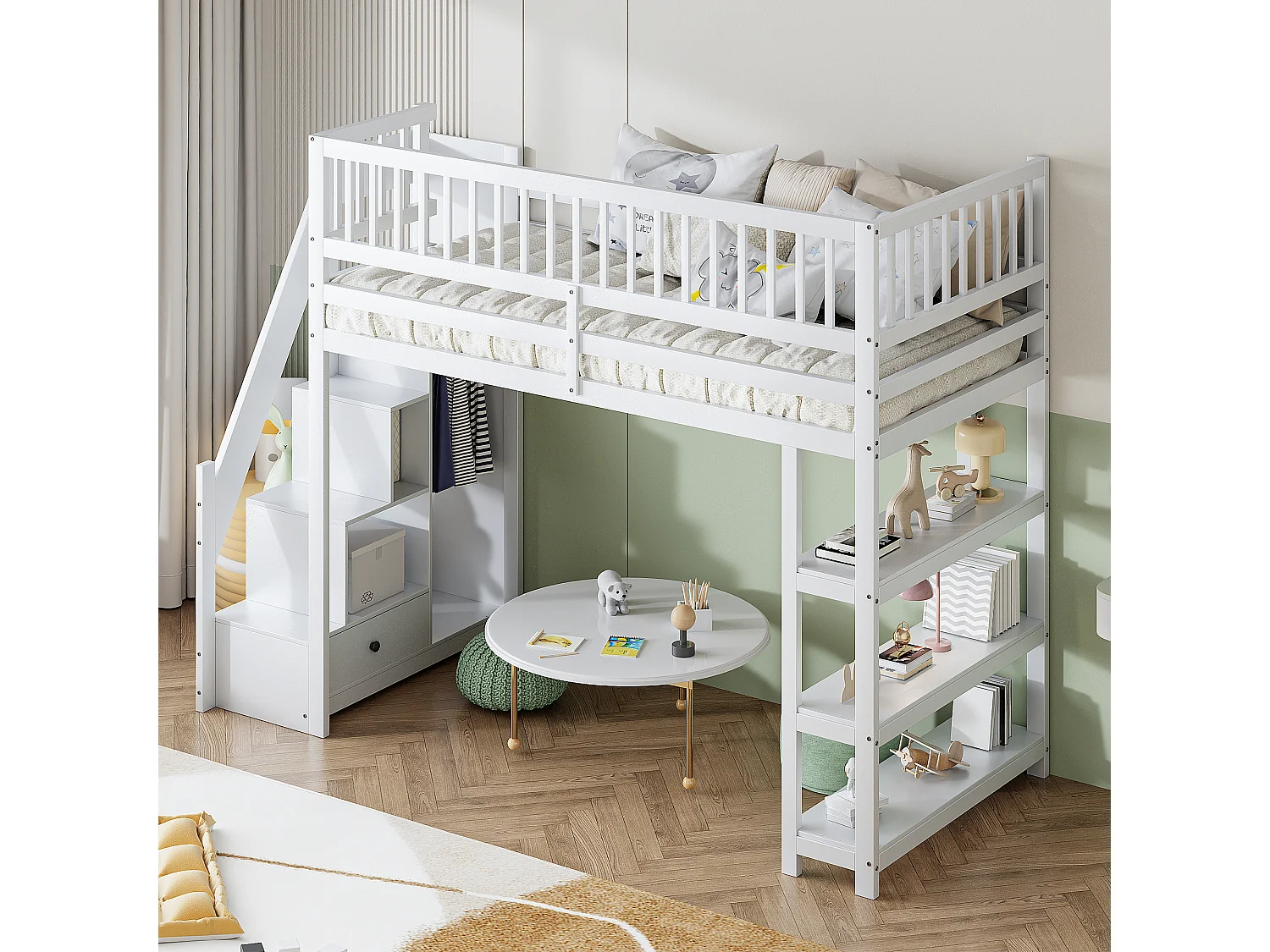 Mezzaninebed 90 x 200 cm met kledingkast, planken en opbergruimte - Grenenhout + multiplex + MDF - wit