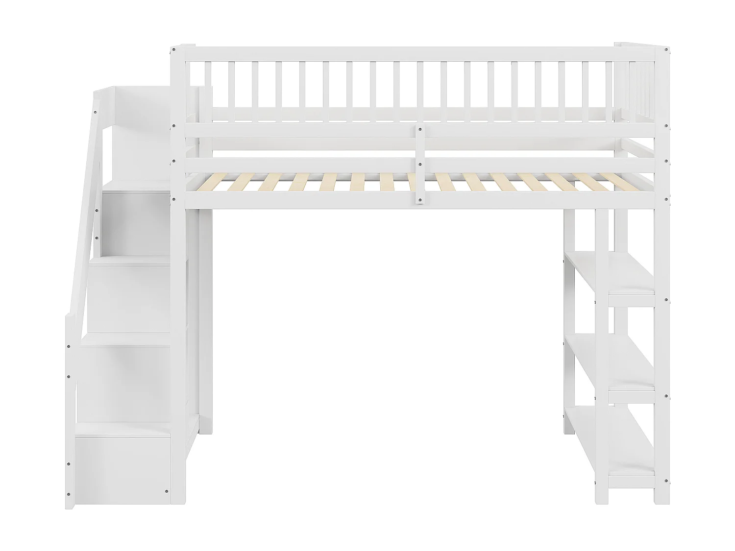 Lit mezzanine 90 x 200 cm avec penderie, étagères et rangements - Bois de pin + contreplaqué + MDF - blanc