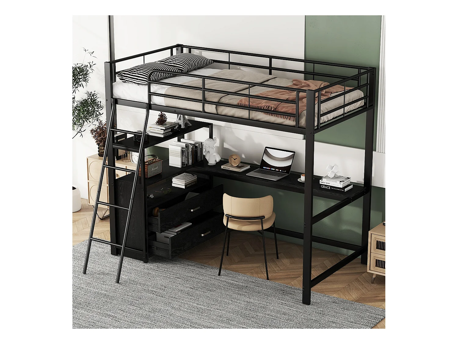 Lit mezzanine 90 x 200 cm avec bureau, 2 tiroirs et étagères de ragement - Métal - Coloris noir