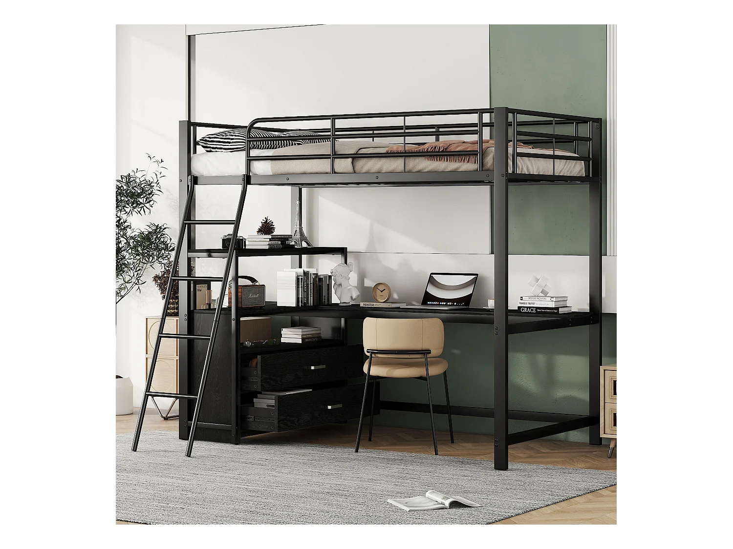 Lit mezzanine 90 x 200 cm avec bureau, 2 tiroirs et étagères de ragement - Métal - Coloris noir