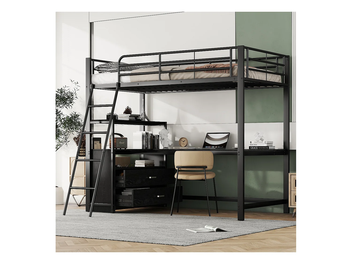 Lit mezzanine 90 x 200 cm avec bureau, 2 tiroirs et étagères de ragement - Métal - Coloris noir