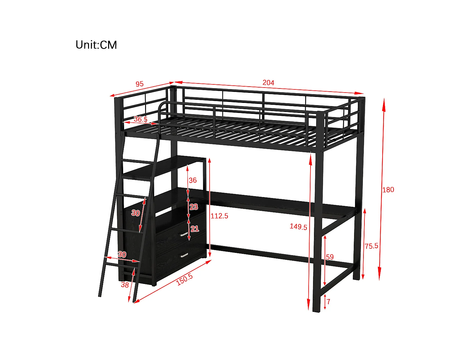 Lit mezzanine 90 x 200 cm avec bureau, 2 tiroirs et étagères de ragement - Métal - Coloris noir
