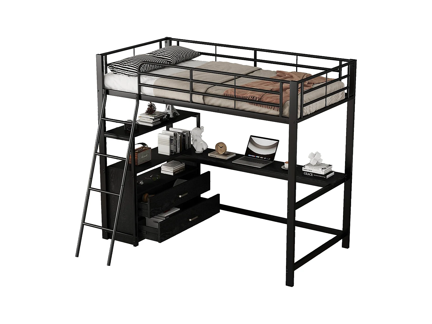 Lit mezzanine 90 x 200 cm avec bureau, 2 tiroirs et étagères de ragement - Métal - Coloris noir