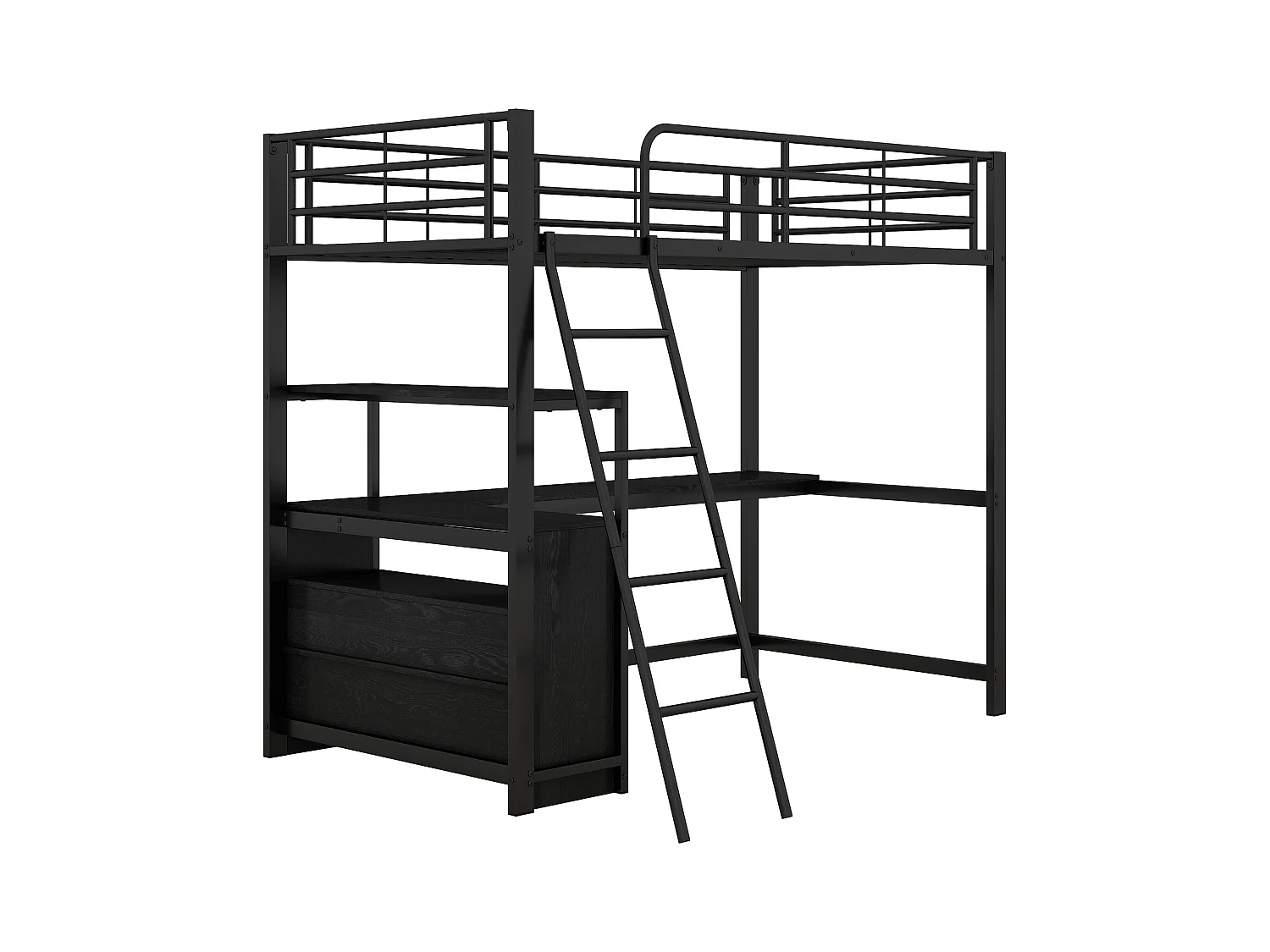 Lit mezzanine 90 x 200 cm avec bureau, 2 tiroirs et étagères de ragement - Métal - Coloris noir