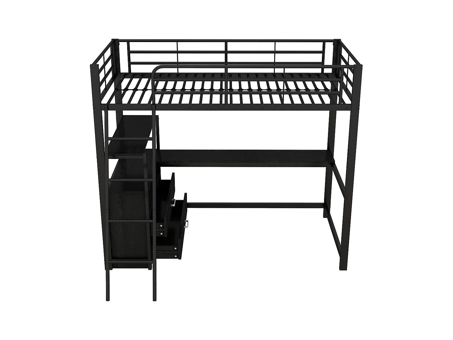 Lit mezzanine 90 x 200 cm avec bureau, 2 tiroirs et étagères de ragement - Métal - Coloris noir