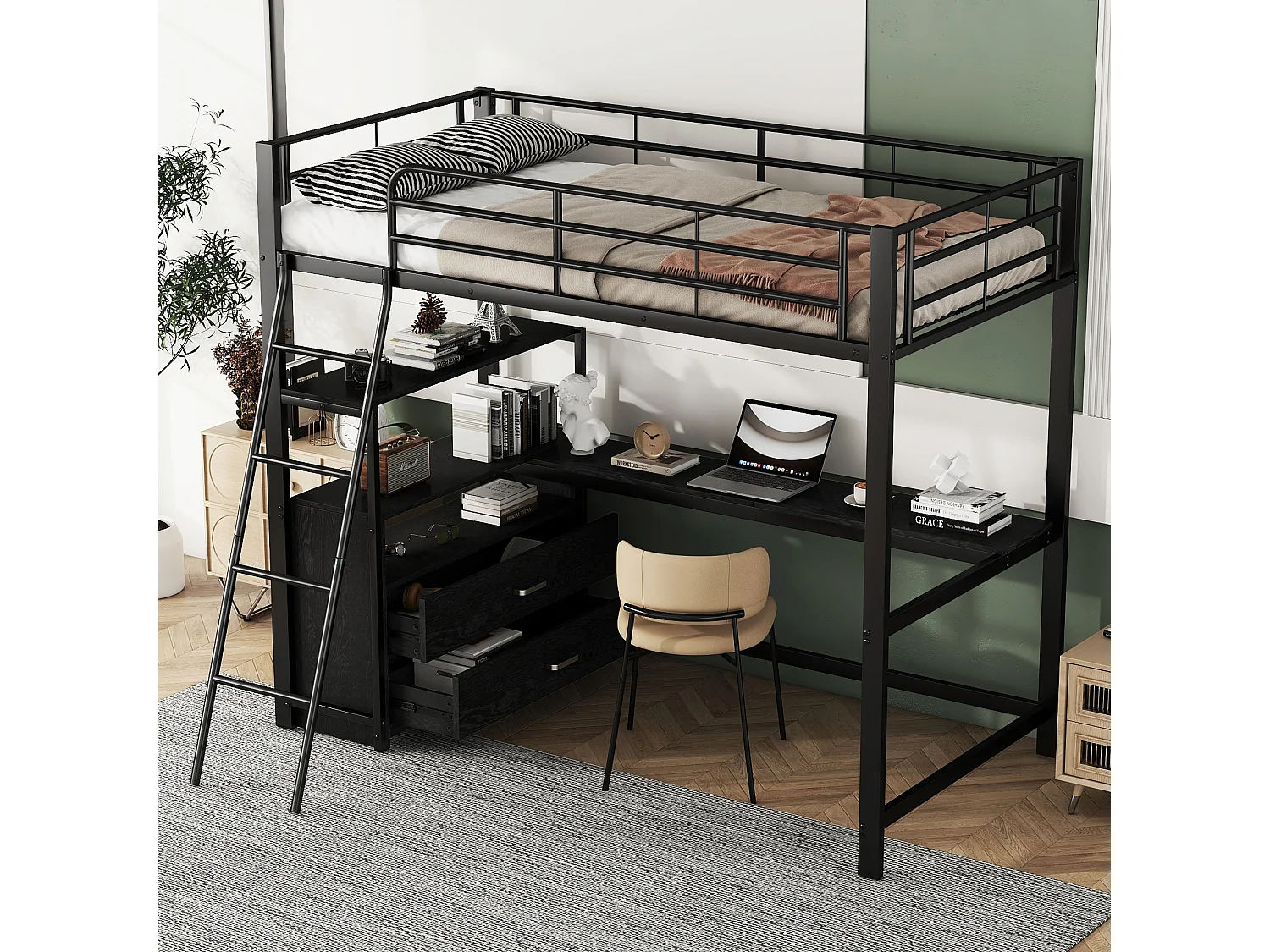 Lit mezzanine 90 x 200 cm avec bureau, 2 tiroirs et étagères de ragement - Métal - Coloris noir